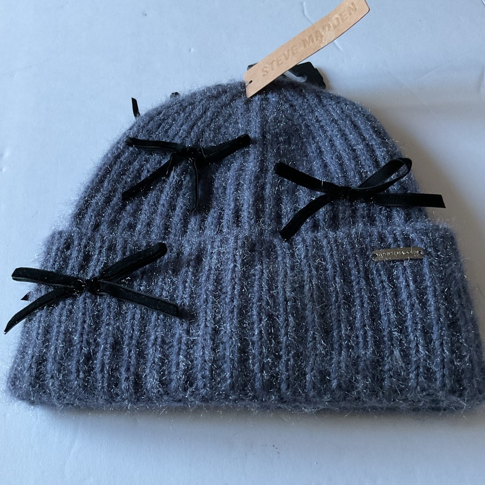 STEVE MADDEN LIL BOW KNIT BEANIE DENIM BLUE OS NWT